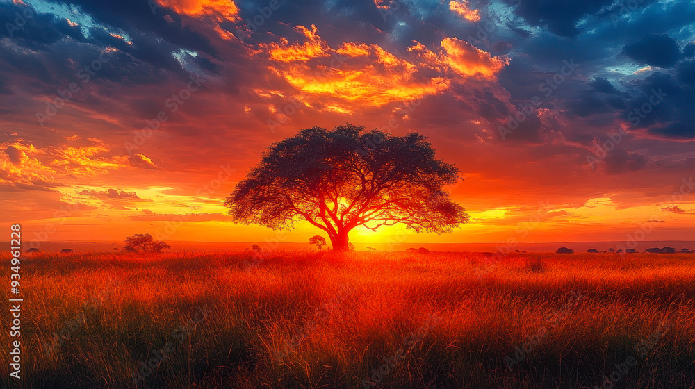 Majestic African Savanna Sunset: Dramatic Sky, Vibrant Colors, Iconic Acacia Tree, Serene Landscape, Natural Beauty Majestic African Savanna Sunset: Dramatic Sky, Vibrant Colors, Iconic Acacia Tree, Serene Landscape, Natural Beauty