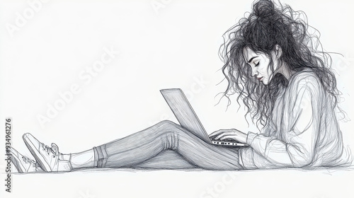 Line Art of Female College Student Using Laptop on Lap, Minimalist Modern Illustration of Young Woman Studying, Digital Learning Concept for Education and Technology. photo