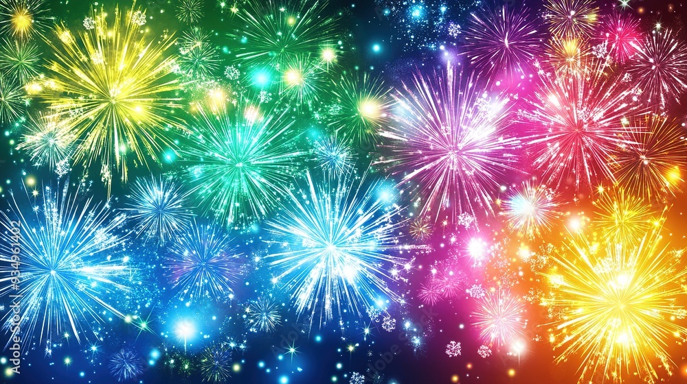 Fototapeta premium Colorful Fireworks Display: A vibrant and dazzling fireworks display explodes across the night sky, painting a breathtaking spectacle of color and light. 