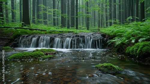 A tranquil stream flows over moss-covered rocks in a lush green forest during early morning light
