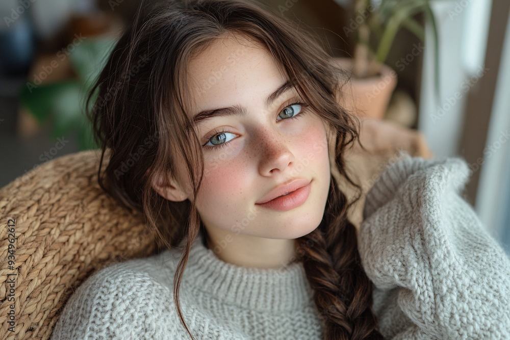 Young woman with loose braid in cozy indoor setting Young woman with loose braid in cozy indoor setting