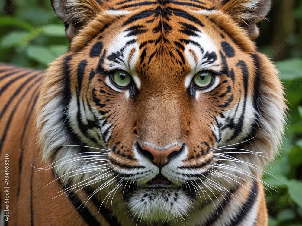 A realistic, close-up shot of a tiger’s face, focusing on its intense A realistic, close-up shot of a tiger’s face, focusing on its intense