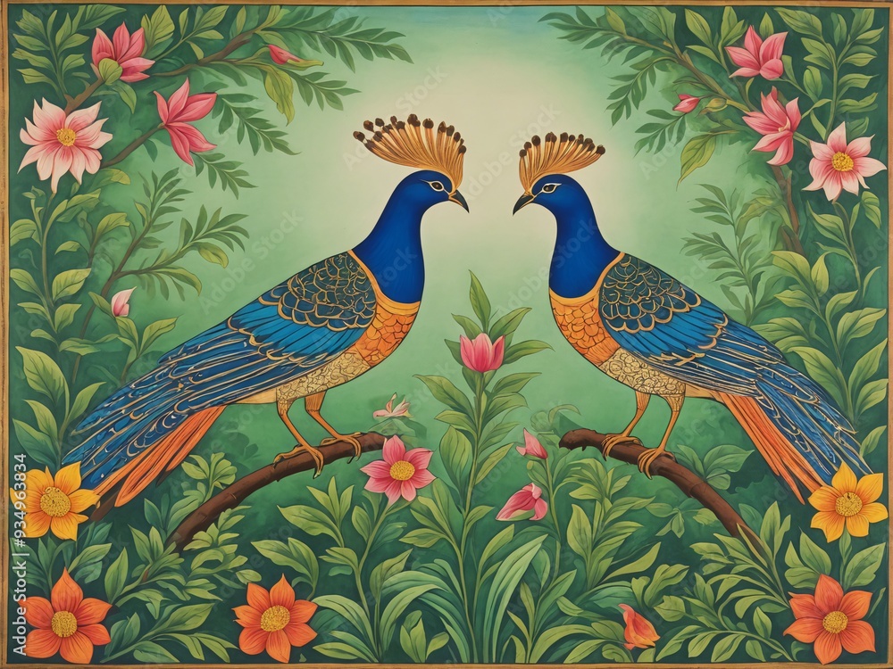 A traditional Indian painting of two stylized birds facing each other in a lush garden A traditional Indian painting of two stylized birds facing each other in a lush garden