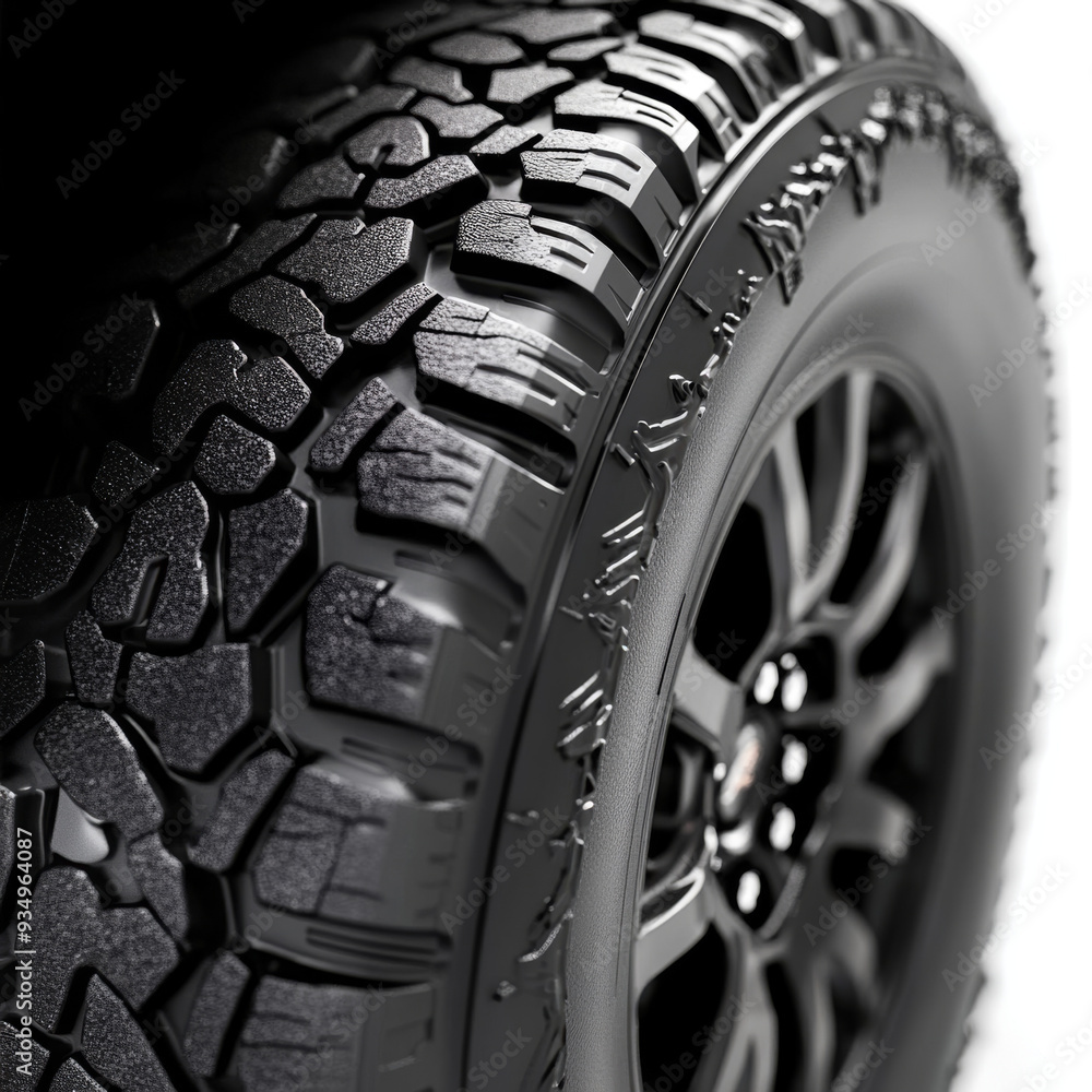 A close up of a black tire with a black rim. The tire has a rugged, textured surface that gives it a tough and durable appearance. Concept of strength and resilience A close up of a black tire with a black rim. The tire has a rugged, textured surface that gives it a tough and durable appearance. Concept of strength and resilience