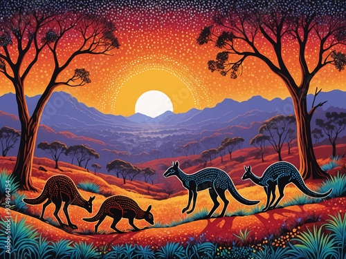 A vibrant illustration of Australian Aboriginal dot painting style art landscape with kangaroos