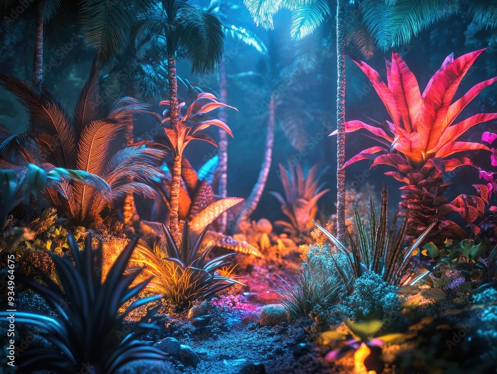 Naklejka premium Jungle with Palm Trees Lit Up at Night