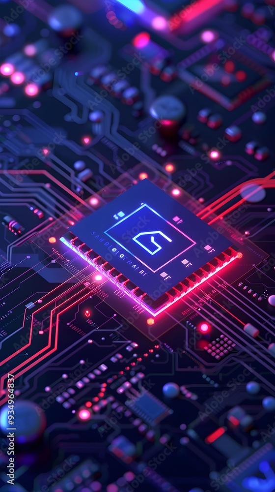 Futuristic Neon Lit Microchip Circuit on Minimal Dark Background Futuristic Neon Lit Microchip Circuit on Minimal Dark Background