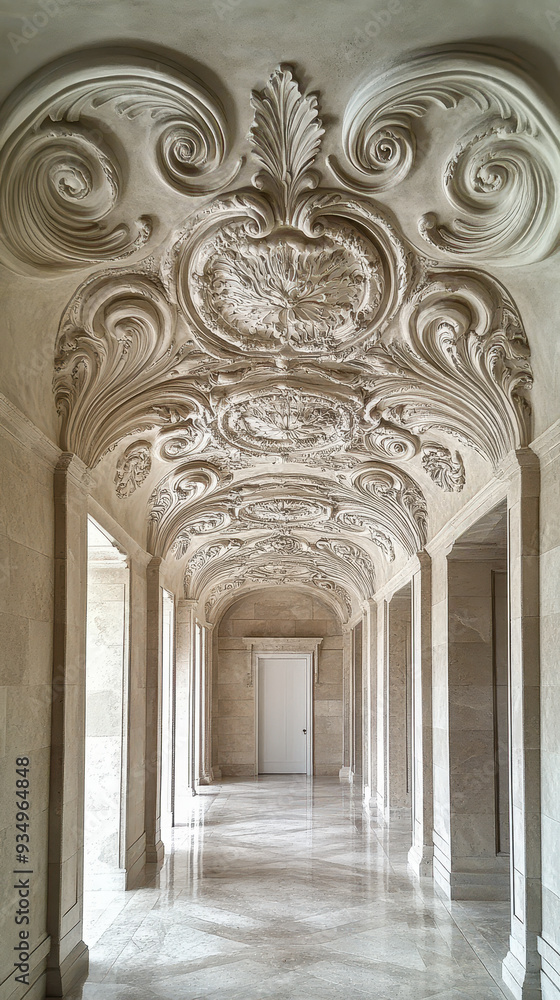 Fototapeta premium Intricate Baroque Marble Ceiling in Elegant Hallway with Ornate Non-Linear Reformation Design Showcasing Classic Architectural Beauty and Detailed Accents