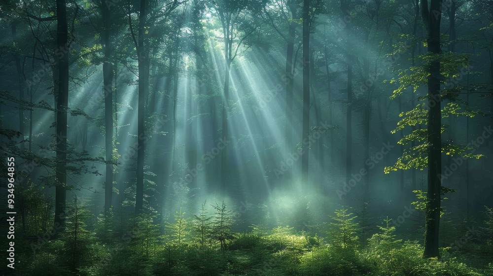Obraz premium Sunlight filters through tall trees in a serene forest during early morning hours