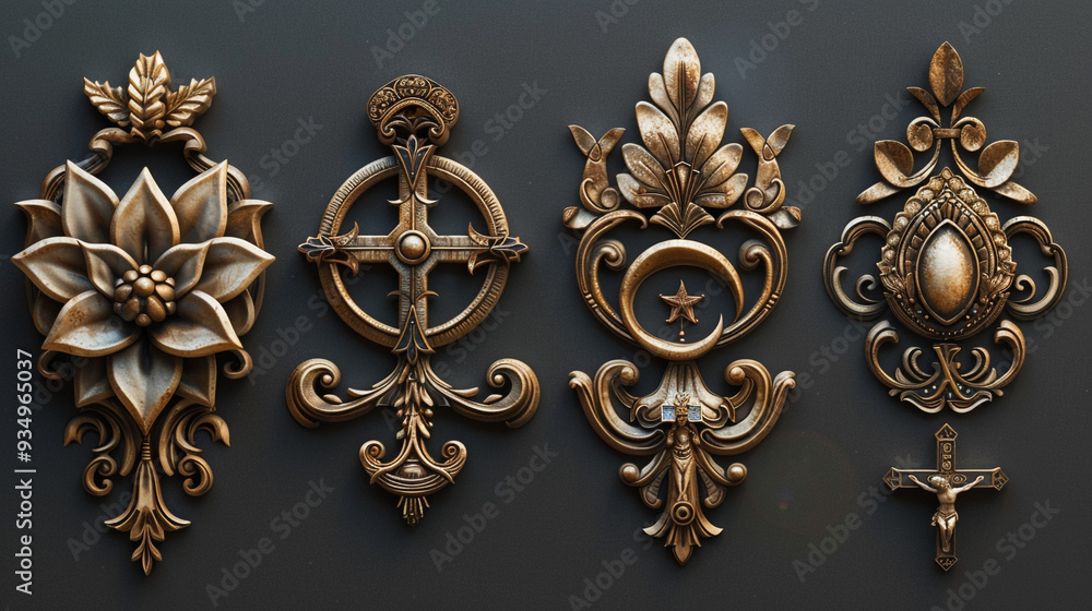 A series of ornate, gold-embossed icons representing different religious symbols, such as a cross, crescent moon, star of David, and lotus flower. A series of ornate, gold-embossed icons representing different religious symbols, such as a cross, crescent moon, star of David, and lotus flower.