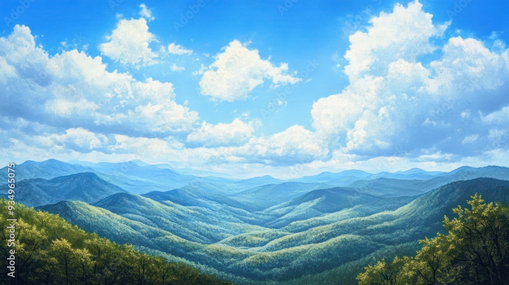 Fototapeta premium A Majestic View of Rolling Mountains Under a Blue Sky with Puffy Clouds