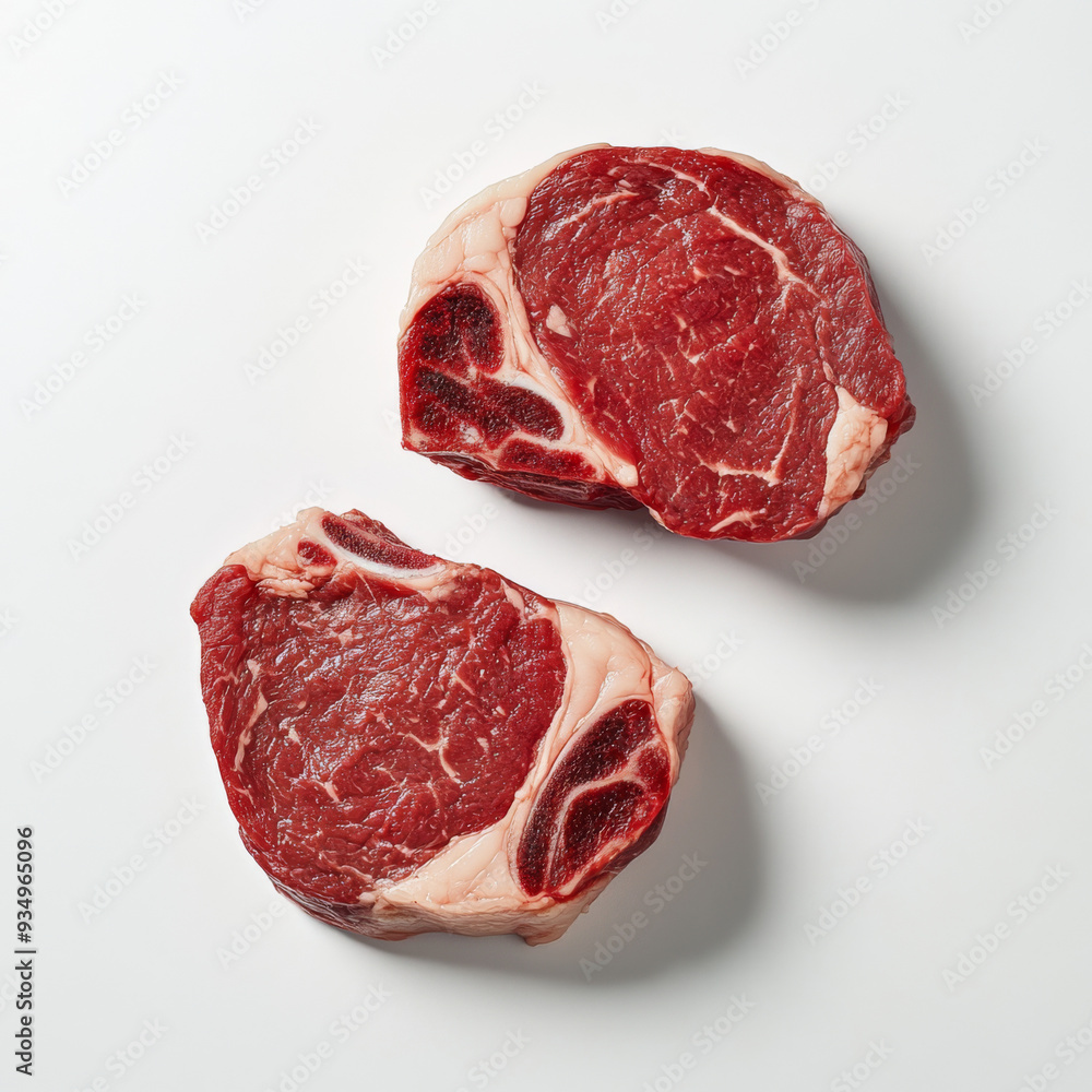 Obraz premium Two pieces of meat are displayed on a white background. The meat is red and he is fresh