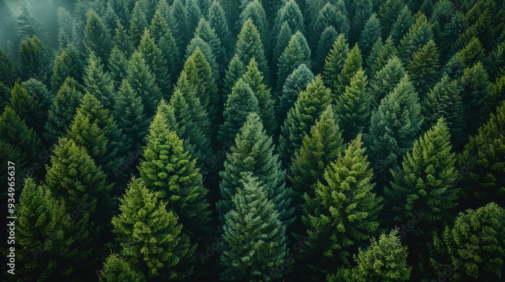 Lush green coniferous forest captured from above in early morning light Lush green coniferous forest captured from above in early morning light