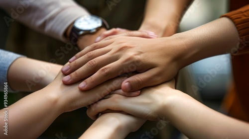 Close-up of Hands Stacked in a Gesture of Unity and Support