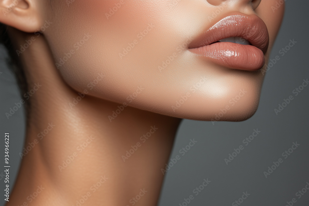 Obraz premium Close-Up of Woman’s Lower Face and Neck with Smooth Skin and Glossy Lips