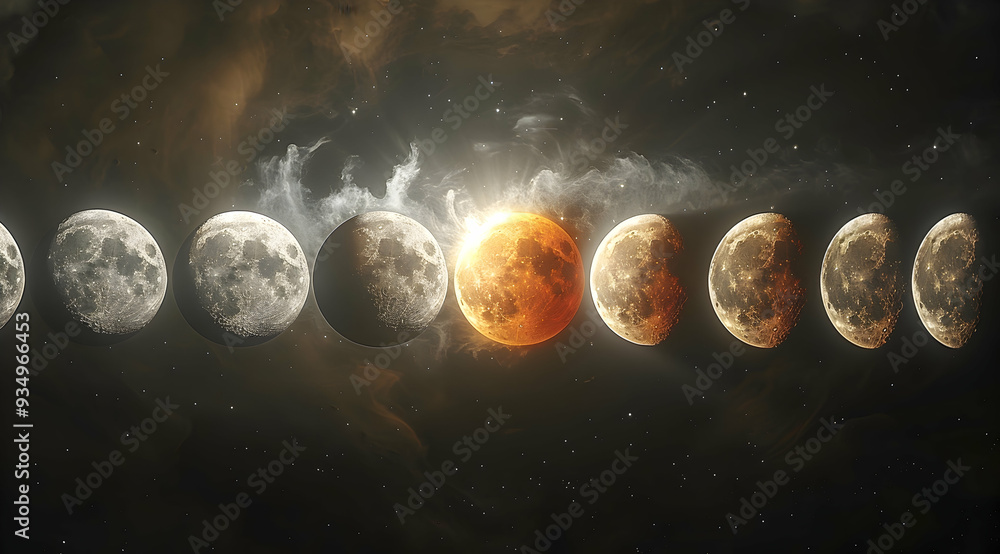 Celestial Alignment: Phases of the Moon in a Starry Night - Illustration