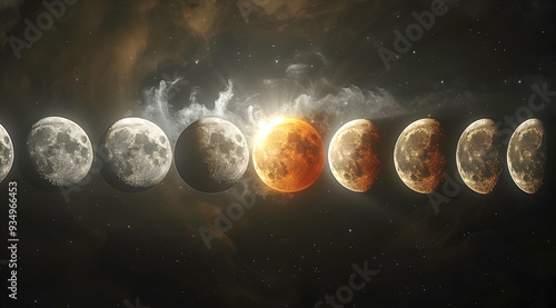 Obraz na płótnie Celestial Alignment: Phases of the Moon in a Starry Night - Illustration w salonie