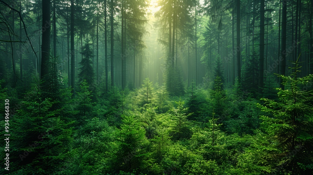 Obraz premium Sunlight streams through tall trees in a dense green forest during early morning hours