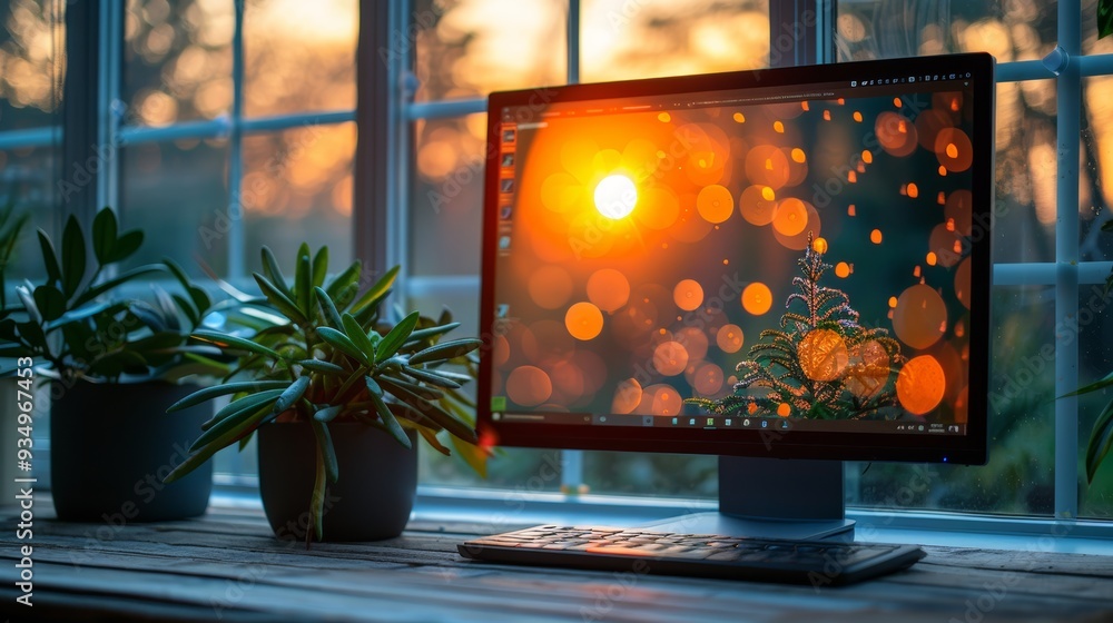 Fototapeta premium A computer monitor displaying a vibrant sunset with bokeh effects, placed on a wooden desk next to potted plants