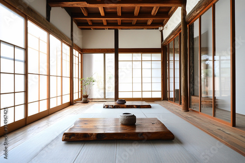 Traditional Japanese house with sliding shoji doors photo