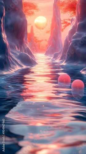 Wallpaper Mural Surreal Futuristic Digital Landscape with Floating Geometric Forms and Shimmering Energy Fields Torontodigital.ca