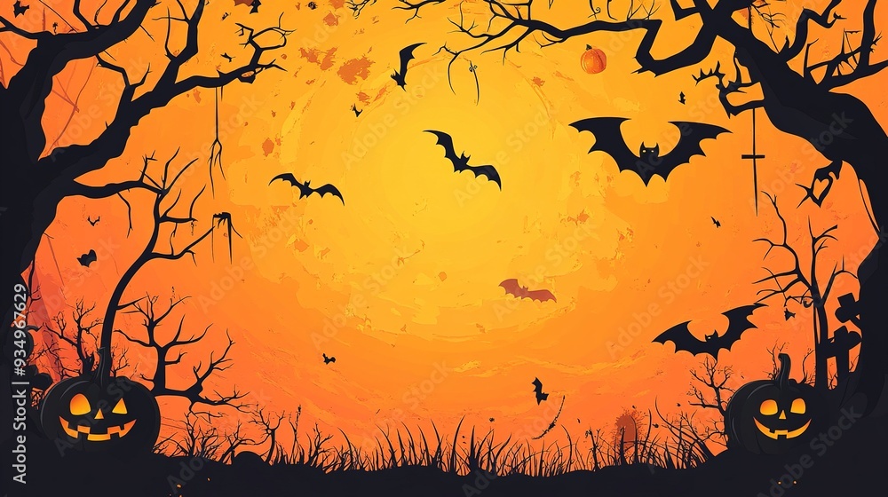 Halloween Night: A spooky and mysterious backdrop featuring a glowing full moon, eerie trees, and flying bats for your Halloween designs. Perfect for invitations, posters, and spooky decorations. Halloween Night: A spooky and mysterious backdrop featuring a glowing full moon, eerie trees, and flying bats for your Halloween designs. Perfect for invitations, posters, and spooky decorations.