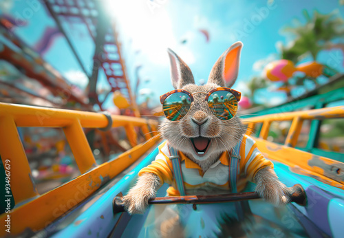 A adorable rabbit with sunglasses is laughing and giddy as he rides a roller coaster in front of a theme park, surrounded by bright Easter eggs. 