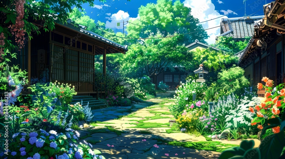 Stone Pathway Through a Lush Japanese Garden Stone Pathway Through a Lush Japanese Garden