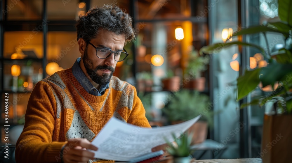Man reading documents in a cozy cafe with indoor plants during the evening Man reading documents in a cozy cafe with indoor plants during the evening
