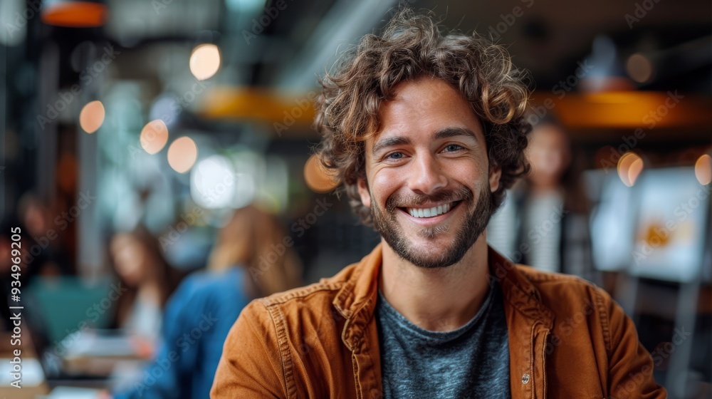 Young man with curly hair smiling warmly at a café during the day Young man with curly hair smiling warmly at a café during the day
