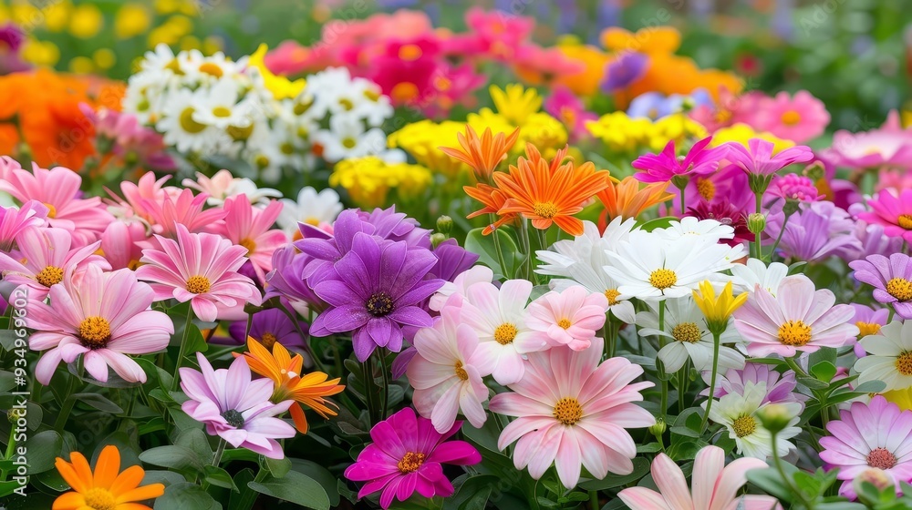 Multi-colored flower bed with an array of vibrant blossoms, captivating and cheerful, flower bed, vibrant display Multi-colored flower bed with an array of vibrant blossoms, captivating and cheerful, flower bed, vibrant display