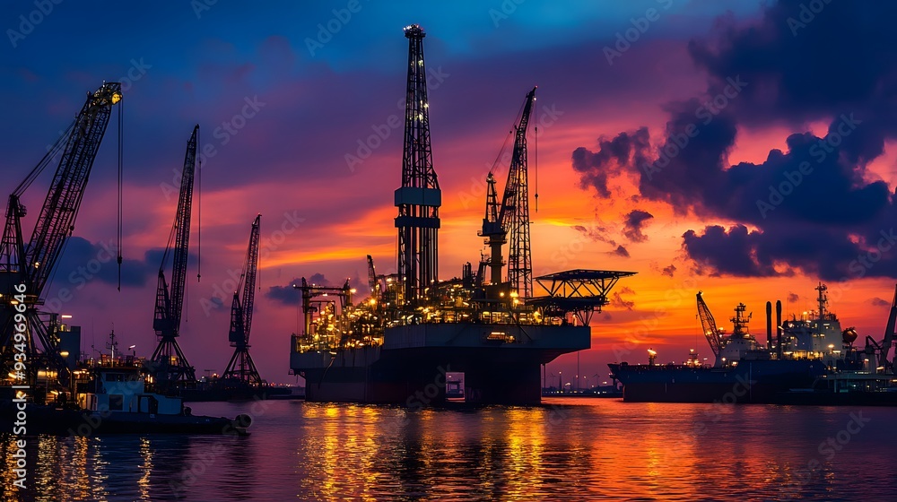 An expansive view of an offshore oil rig at sunset, with cranes and drilling equipment silhouetted against the sky, capturing the scale and complexity of the oil and gas industry An expansive view of an offshore oil rig at sunset, with cranes and drilling equipment silhouetted against the sky, capturing the scale and complexity of the oil and gas industry