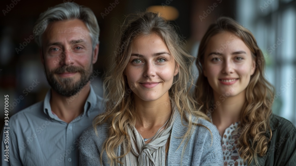 A group of three smiling individuals poses together in a cozy indoor space during daylight A group of three smiling individuals poses together in a cozy indoor space during daylight