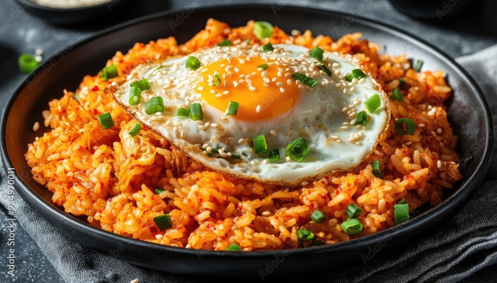 A close-up of a bowl of kimchi fried rice topped with a fried egg, sesame seeds, and green onions. A close-up of a bowl of kimchi fried rice topped with a fried egg, sesame seeds, and green onions.