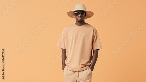 Casual Fashion: Model Wearing Solid-Color T-Shirt, Stylish Hat, and Relaxed Fit Pants, generative Ai