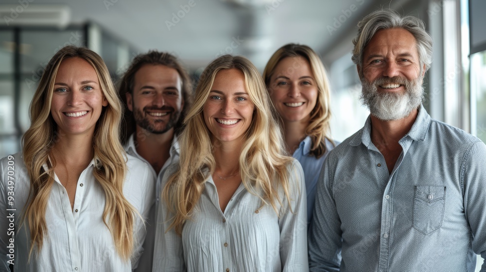 A diverse group of professionals smiles together in a modern office setting during daylight A diverse group of professionals smiles together in a modern office setting during daylight