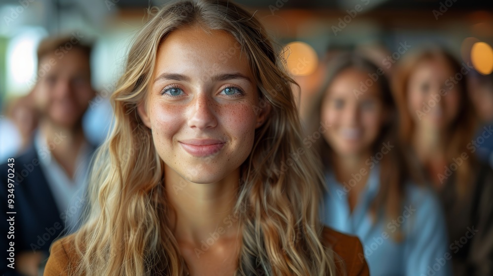Obraz premium A young woman smiles confidently in a crowded social gathering during daylight at a vibrant indoor venue