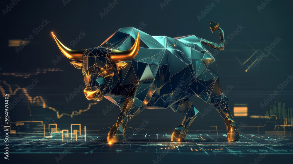 A bull with horns is standing on a computer screen with a graph of stock prices. The bull is surrounded by a lot of numbers and lines, giving the impression of a chaotic and unpredictable market A bull with horns is standing on a computer screen with a graph of stock prices. The bull is surrounded by a lot of numbers and lines, giving the impression of a chaotic and unpredictable market