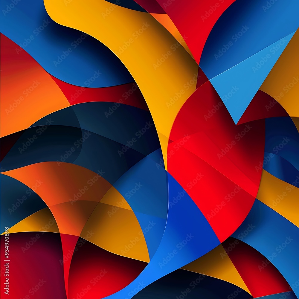 Fototapeta premium An abstract vector art background featuring dynamic geometric shapes in bold colors like red, blue, and yellow, arranged in a layered pattern with sharp angles and smooth curves. 8k UHD, suitable 