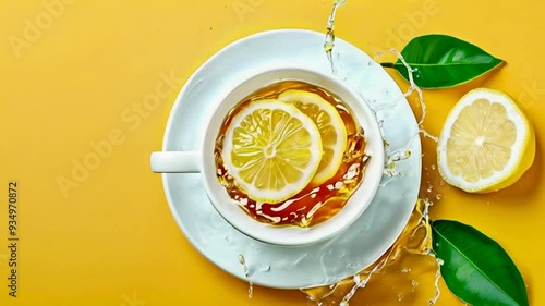 Lemon tea in a white cup and lemon on a yellow background. It contains d-limonene, which has diuretic effects and can help reduce bloating. photo