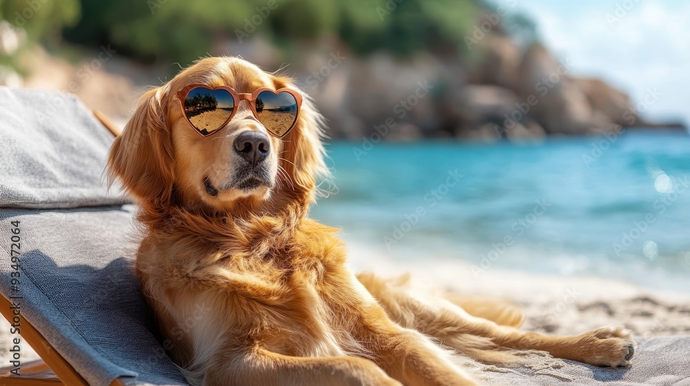 Golden retriever dog relaxing at the beach and sunglasses,resting on beach chair at the pet friendly sea beach,summer vacation holidays,Tourist journey trip concept. Golden retriever dog relaxing at the beach and sunglasses,resting on beach chair at the pet friendly sea beach,summer vacation holidays,Tourist journey trip concept.