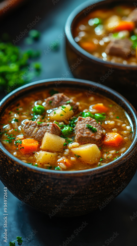 Hearty Scotch Broth with Tender Meat, Barley, and Vegetables in Rustic Bowls - Warm Comfort Food for Cozy Evenings Hearty Scotch Broth with Tender Meat, Barley, and Vegetables in Rustic Bowls - Warm Comfort Food for Cozy Evenings