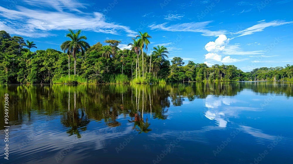 Tropical Rainforest Lagoon with Palm Trees and Reflection of Sky Tropical Rainforest Lagoon with Palm Trees and Reflection of Sky