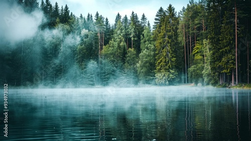 Misty Morning Lake Surrounded by Tall Pine Trees