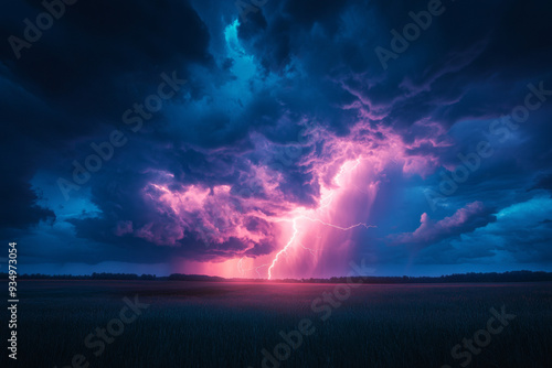 A stormy sky with a bright purple lightning bolt