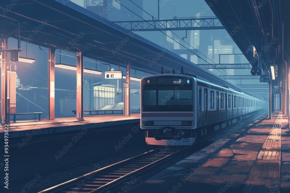 Naklejka premium A peaceful underground station with the hum of trains in the background. Cozy vibe, Generative AI