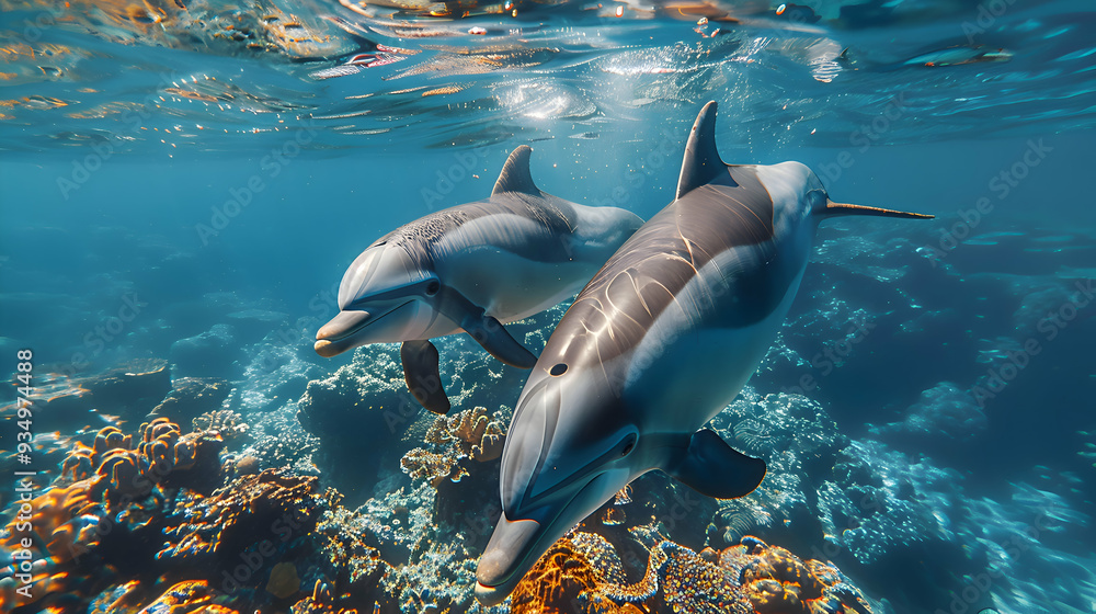 Pair of Amazon Tucuxi Dolphins swimming in unison, their streamlined bodies creating ripples Pair of Amazon Tucuxi Dolphins swimming in unison, their streamlined bodies creating ripples