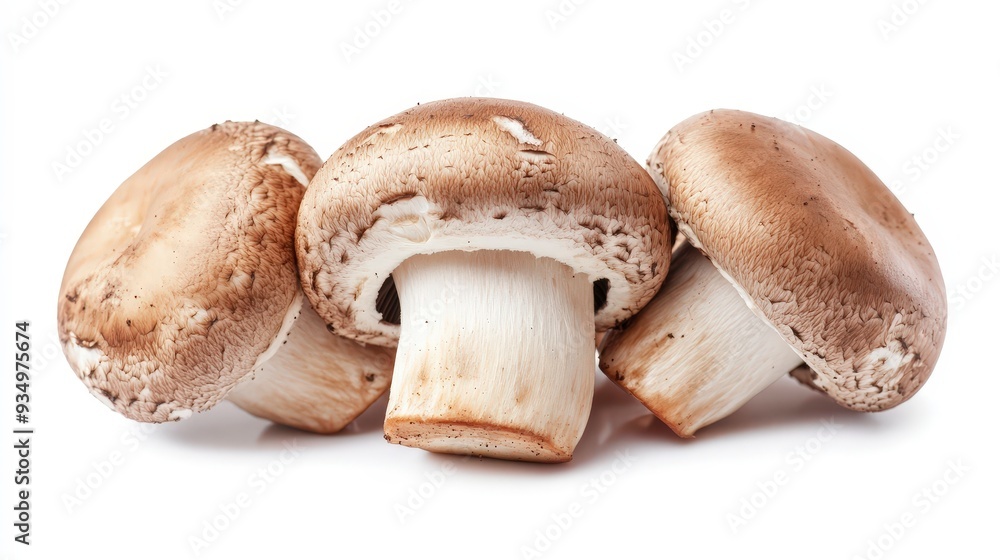 Three whole brown mushrooms with white stems, isolated on a white background. Three whole brown mushrooms with white stems, isolated on a white background.