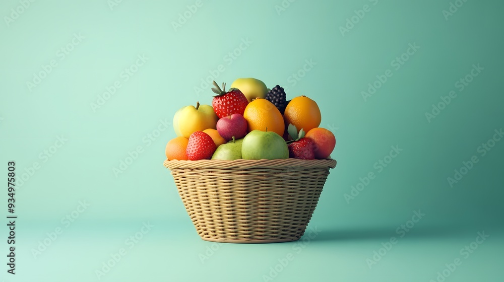 A basket of fruit with apples, oranges, and pears. The basket is on a green background A basket of fruit with apples, oranges, and pears. The basket is on a green background