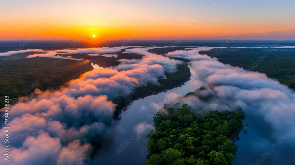 Aerial View of River Winding Through Foggy Forest at Sunrise Aerial View of River Winding Through Foggy Forest at Sunrise